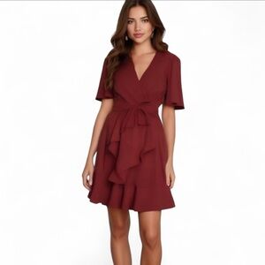 Vintage burgundy mini dress with ruffles and tie sash V-neck Blue Rain Sz Small